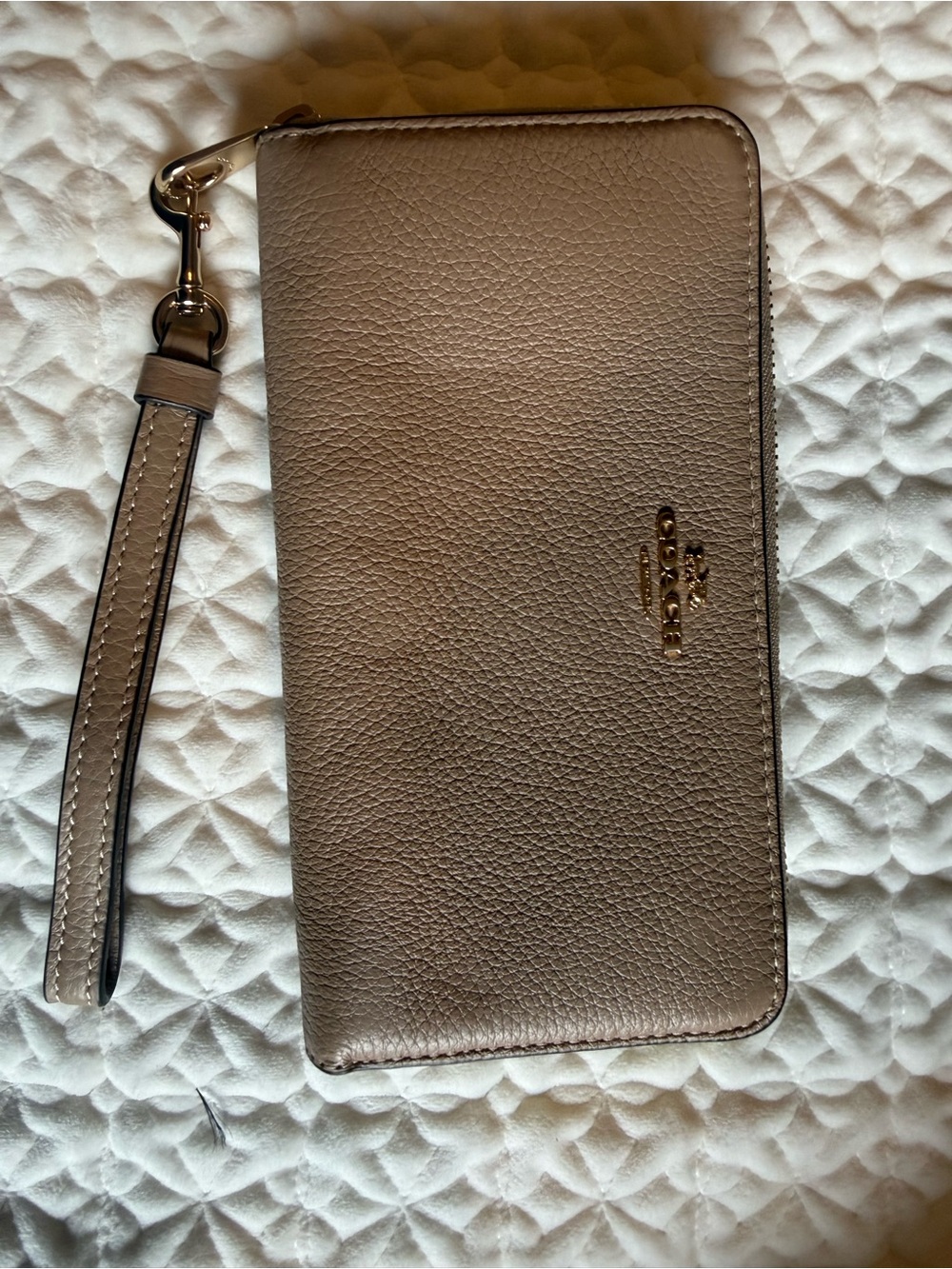 Coach Pebbled Leather Wristlet in Taupe Gray with Gold Hardware